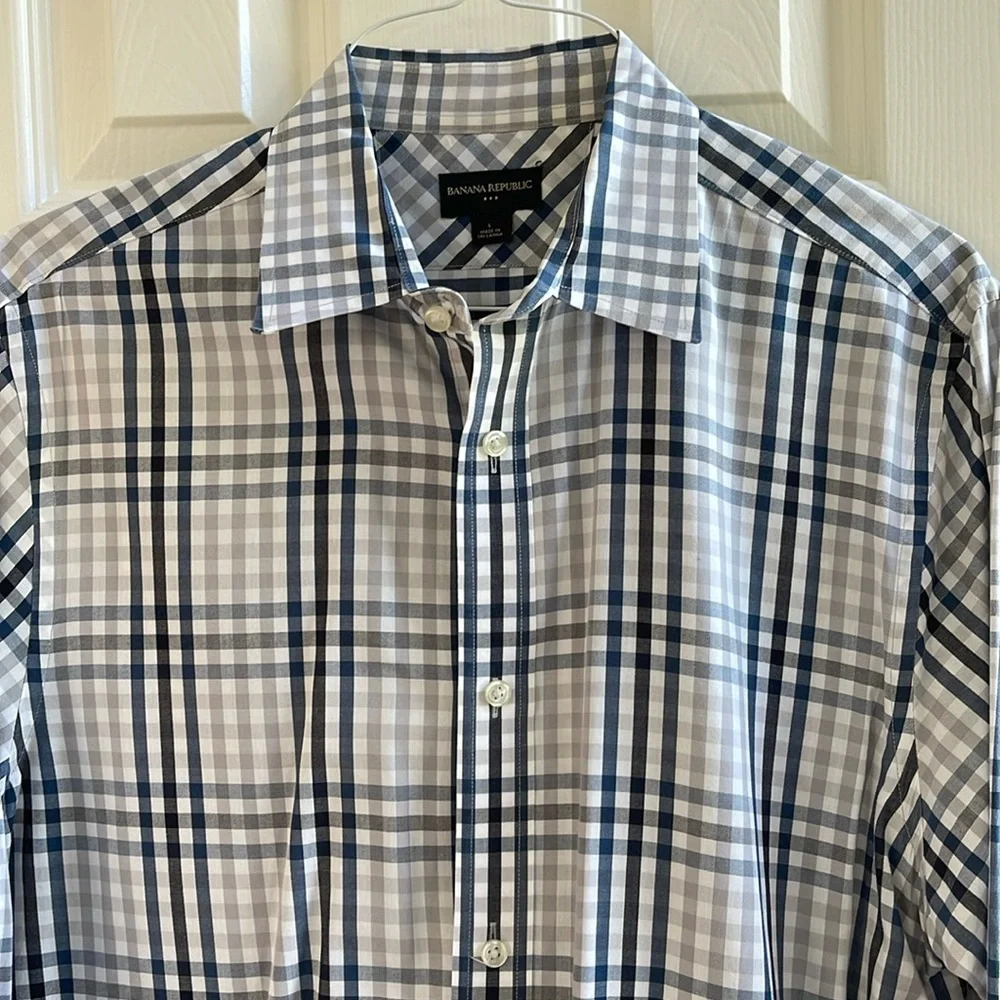 Banana Republic Men's Blue Plaid Shirt Cotton Classic Fit Button Front Size L